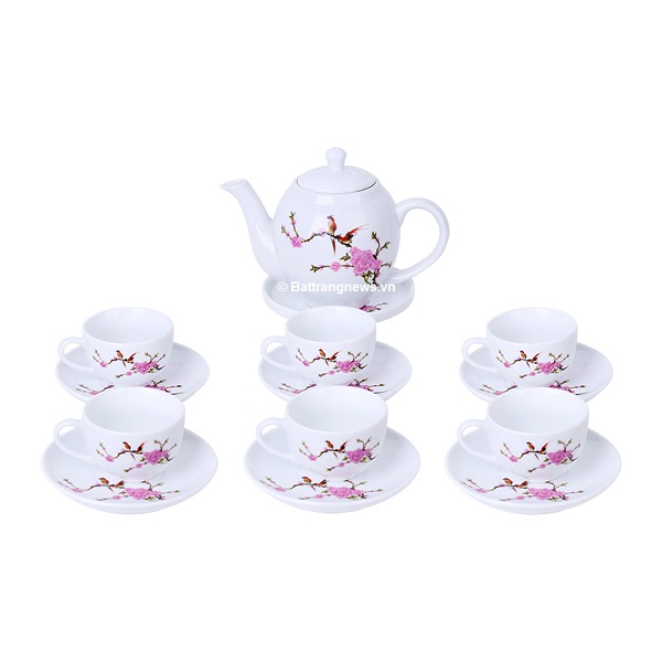 ấm chén men trắng hoa văn tinh xảo