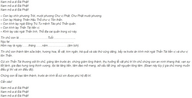 văn khấn thần t&agrave;i ng&agrave;y m&ugrave;ng 1