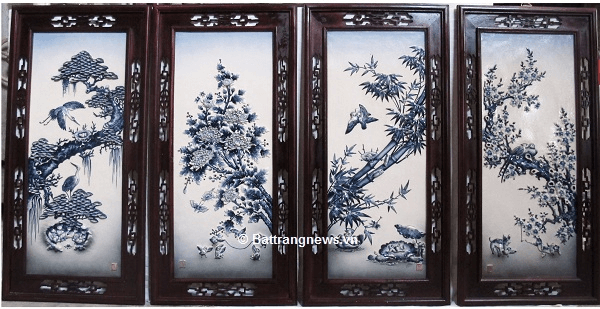bộ tranh sứ bát tràng tứ quý 4 mùa đắp nổi