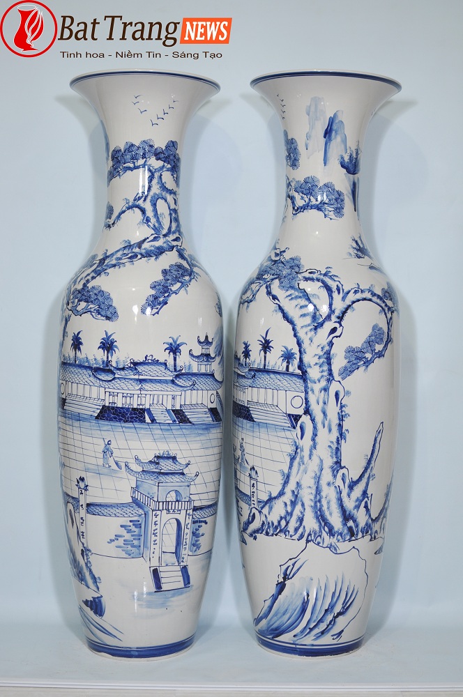 Lọ lục bình Tùng Chùa men lam 1m4 2