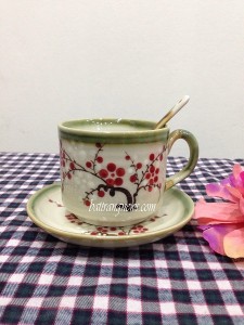 Bộ tách cafe cốc cao vẽ hoa đào men xanh cổ Bộ tách cafe cốc cao vẽ hoa đào men xanh cổ