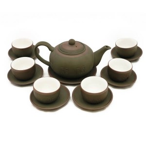Bộ ấm chén tử sa Bát Tràng dáng tống men rêu lòng chén trắng