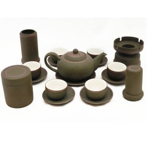 Bộ ấm chén tử sa Bát Tràng dáng chuông men rêu lòng chén trắng đầy đủ phụ kiện