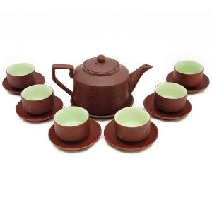 Bộ ấm tử sa dáng chuông men nâu lòng chén xanh