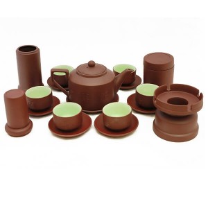 Bộ ấm tử sa Bát Tràng dáng chuông men nâu lòng chén xanh đầy đủ phụ kiện