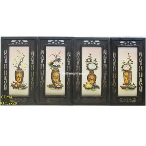 Tranh tứ cảnh cổ đồ nổi S4 khung gỗ thông 52x28 cm