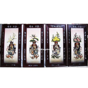 Tranh tứ cảnh cổ đồ nổi S2 men mầu khung gỗ thông 90x43,5 cm 