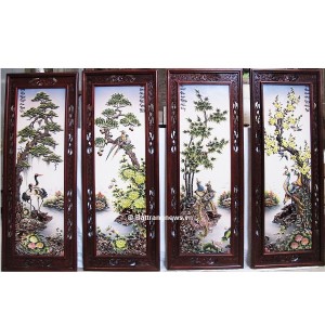 Tranh tứ quý nổi men màu khung gỗ gụ vẽ kỹ 128x45 cm