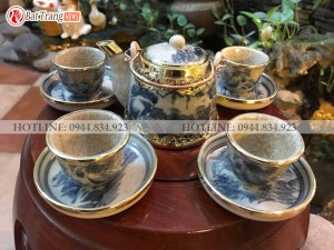 Bộ ấm chén sơn thủy giả vuốt thủy men rạn bọc đồng