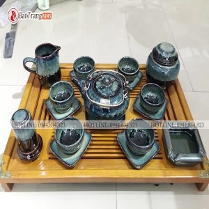 Bộ ấm chén men hỏa biến dáng Giang Tây màu thỏ ngọc đầy đủ phụ kiện