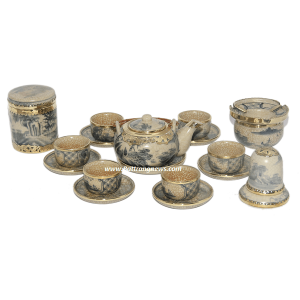 Bộ ấm chén men rạn bọc đồng dáng Nhật đầy đủ phụ kiện