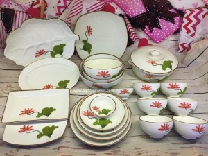 Bộ bát đĩa men xanh ngọc vẽ sen truyền thống