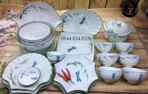 Bộ bát đĩa men xanh ngọc vẽ Chuồn Chuồn Lá Trúc
