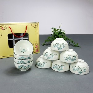 Bộ 10 bát ăn cơm men kem vẽ hoa sen xanh