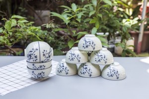 Bộ 10 bát ăn cơm men kem vẽ sen lam