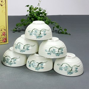 Bộ 6 bát ăn cơm men kem vẽ hoa sen xanh