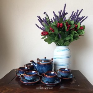 Bộ ấm chén men hỏa biến dáng thùng màu xanh M8