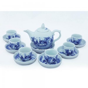 Ấm chén men lam vẽ trúc lâm thất hiền dáng chóp lửa