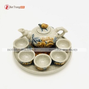 Bộ ấm chén thờ men rạn nổi đào thọ