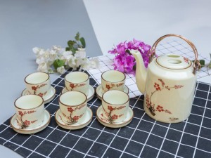 Bộ ấm tích pha trà xanh men kem sen vẽ hoa đào đỏ