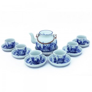 Ấm trà men lam cổ lõm tách vẽ trúc lâm thất hiền quai đồng