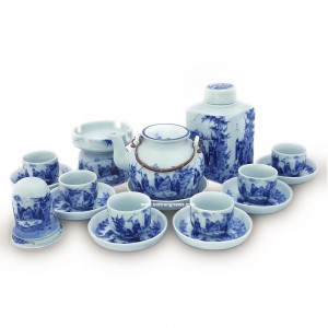 Bộ ấm trà men lam cổ lõm tách vẽ trúc lâm thất hiền quai đồng đầy đủ phụ kiện