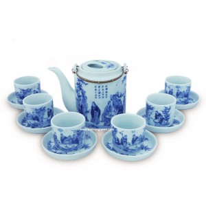 Ấm trà men lam cổ vẽ trúc lâm thất hiền quai đồng dáng tích nhỏ 800ml