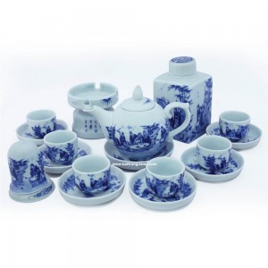 Bộ ấm chén men lam vẽ trúc lâm thất hiền dáng chóp lửa đầy đủ phụ kiện