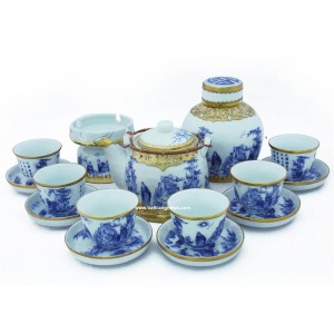 Bộ ấm chén men lam vẽ trúc lâm thất hiền dáng vuốt bọc đồng quai đồng đầy đủ phụ kiện