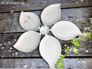 Bộ đĩa Bát Tràng trang trí lá xoài 5 cánh men trắng