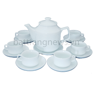 Bộ ấm chén in logo dáng vuông men trắng