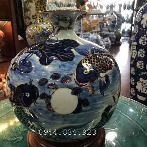 Bình hút tài lộc Lý Ngư Vọng Nguyệt vàng kim 35x33cm