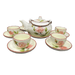 Bộ ấm chén pha trà hoa hồng quai đồng mẫu 2