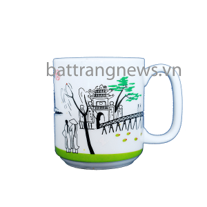 Ca cốc in logo quai vuông vẽ phong cảnh hồ gươm mẫu 2