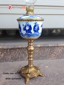 Cặp Đèn dầu thờ chân đồng Bát Tiên men xanh rong 47cm (vẽ tay)