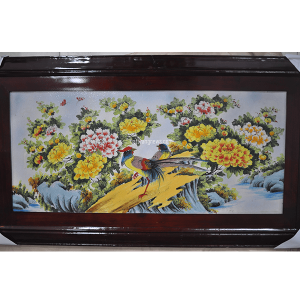 Tranh sứ vẽ chim trĩ hoa phù dung 116x64cm