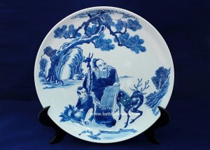 Đĩa cảnh trang trí vẽ Trường Thọ men lam