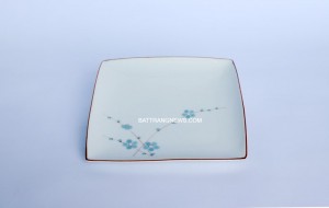 Đĩa sứ Bát Tràng men kem vẽ đào xanh dáng khay vuông S2
