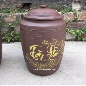Hũ sành đựng gạo Tài Lộc phong thủy vai hạc 15kg