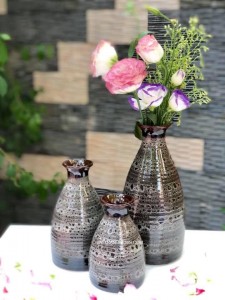 Lọ hoa men hỏa biến cặp 3 phình đáy ghi