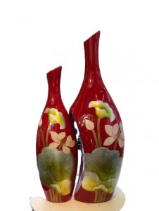 Lọ hoa sơn mài vẽ Hoa Sen dáng Mẫu Tử nền đỏ