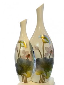 Lọ hoa sơn mài vẽ Hoa Sen dáng Mẫu Tử nền trắng