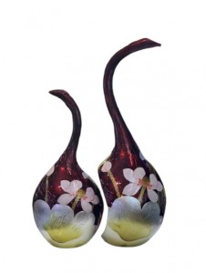 Lọ hoa sơn mài vẽ Hoa Sen dáng thiên nga nền đỏ 45cm