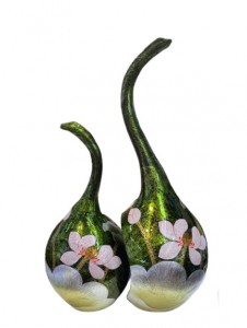 Lọ hoa sơn mài vẽ Hoa Sen dáng thiên nga nền xanh lá 45cm