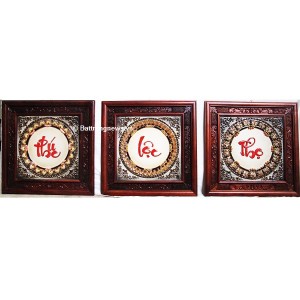 Tranh sứ Phúc Lộc Thọ khung gỗ gụ 50x50 cm