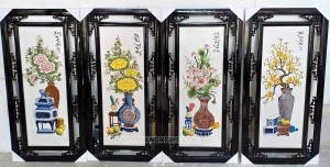 Tranh tứ quý cổ đồ Bát Tràng Tùng Cúc Trúc Mai men màu trơn 100x50cm H540006D(khung đục)