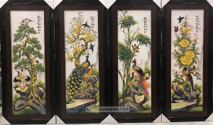 Tranh tứ quý đắp nổi Bát Tràng men màu Tùng Cúc Trúc Mai 120x55cm