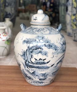 Vò sứ ngâm rượu vẽ sơn thủy màu chàm 20 lít